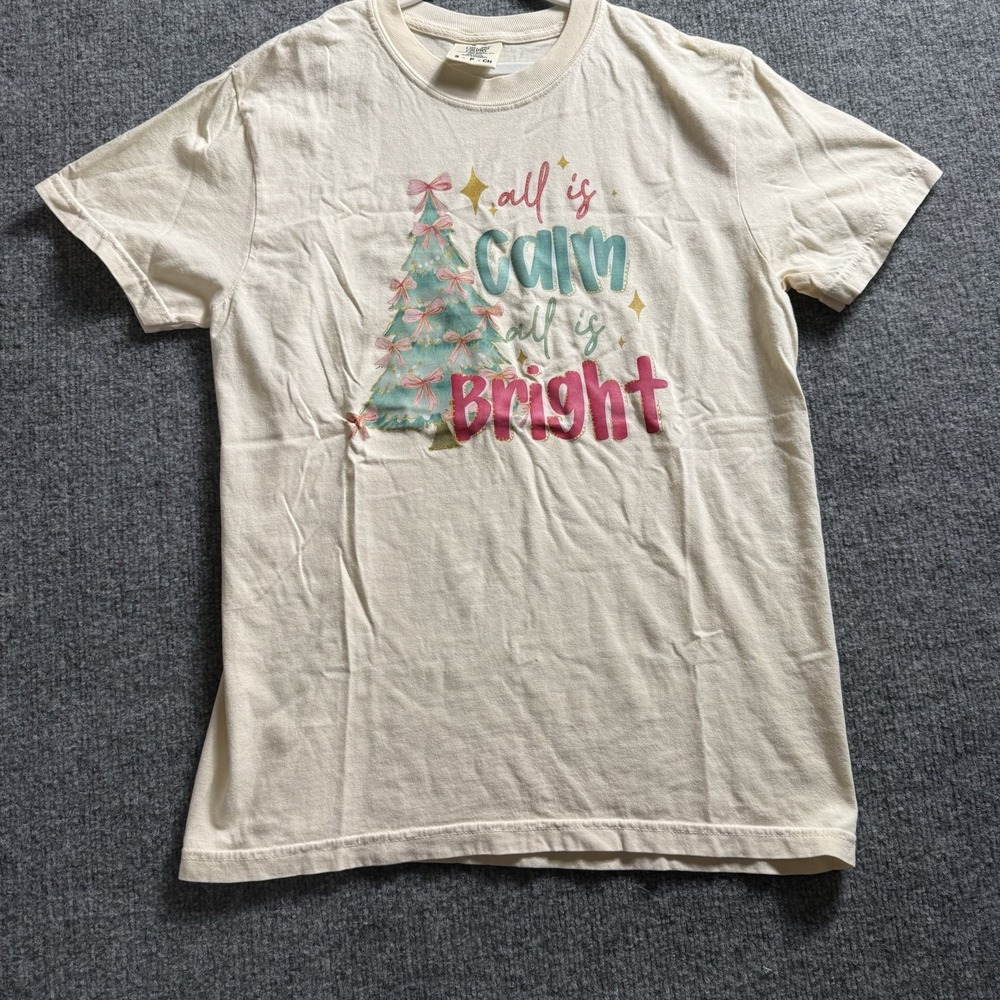 Comfort Colors Ivory "All is Calm All is Bright" Ribbon Christmas Tree Tee Sz S
